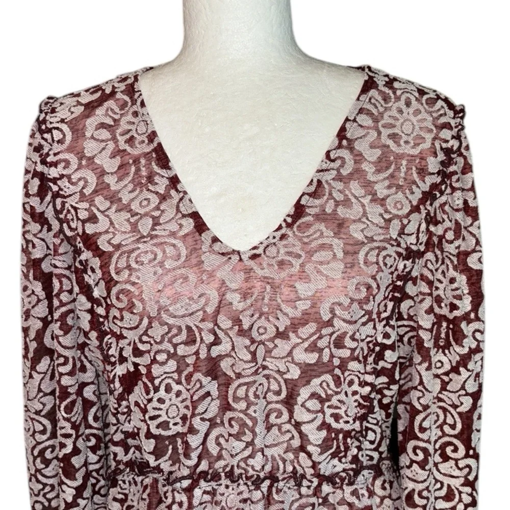 Anthropologie Brown Jacquard Ruffle Cropped Peasant Blouse - L